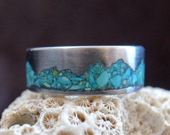 Mountain Range Ring, Turquoise inlay titanium ring, 6mm-10mm, handmade pure titanium band, Women's Men's Wedding Ring, titanium jewelry