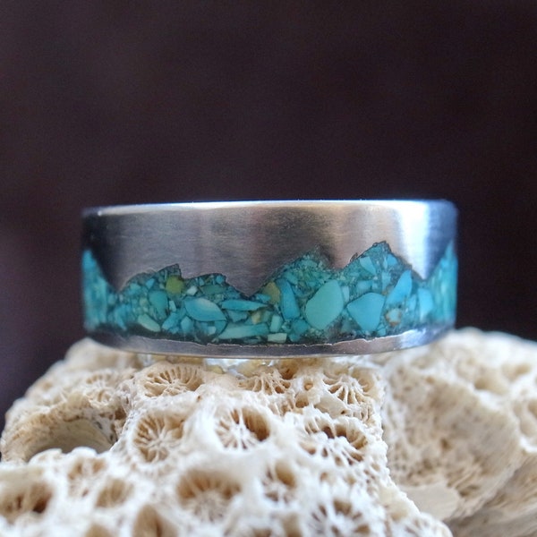 Mountain Range Ring, Turquoise inlay titanium ring, 6mm-10mm, handmade pure titanium band, Women's Men's Wedding Ring, titanium jewelry