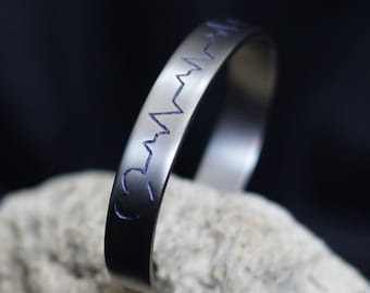 Titanium cuff bracelet |anodized handmade engraving heartbeat |Bangle| Grade 2 |men and women unisex allergy free | jewelry