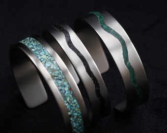 Titanium cuff bracelet, Turquoise, Malachite, Black Tourmaline Inlay, handmade, grade 2 titanium cuff bracelet, man women Titanium bangle