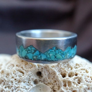 Mountain Range Ring, Turquoise inlay titanium ring, 6mm-10mm, handmade pure titanium band, Women's Men's Wedding Ring, titanium jewelry image 3