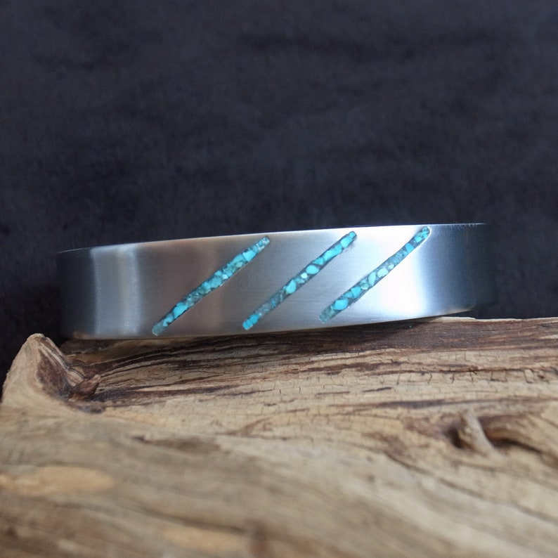 Turquoise titanium cuff bracelet, 12.7mm wide, Handmade Turquoise inlay Grade 2 Titanium cuff bracelet, Men's Women's 3rd Anniversary Bangle image 6