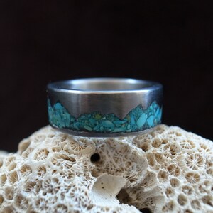 Mountain Range Ring, Turquoise inlay titanium ring, 6mm-10mm, handmade pure titanium band, Women's Men's Wedding Ring, titanium jewelry image 6
