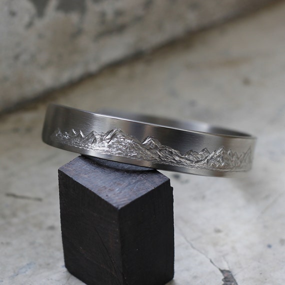 Mountain range titanium cuff bracelet, handmade engraving 12.5mm x 2mm Wide and Thick, Solid Grade 2 titanium, Men's women's Titanium Bangle