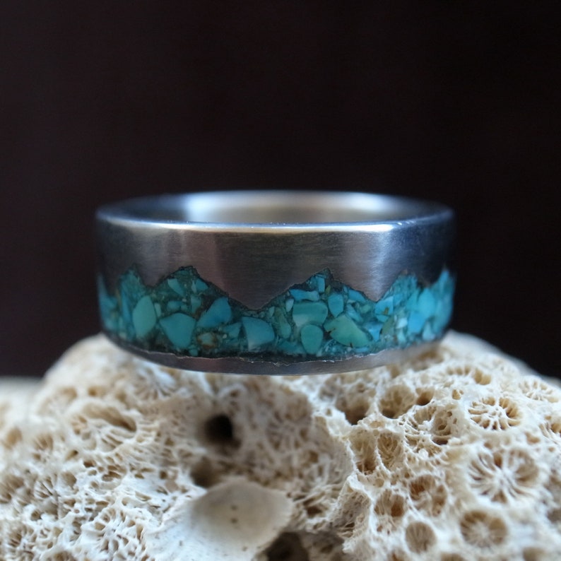 Mountain Range Ring, Turquoise inlay titanium ring, 6mm-10mm, handmade pure titanium band, Women's Men's Wedding Ring, titanium jewelry image 9