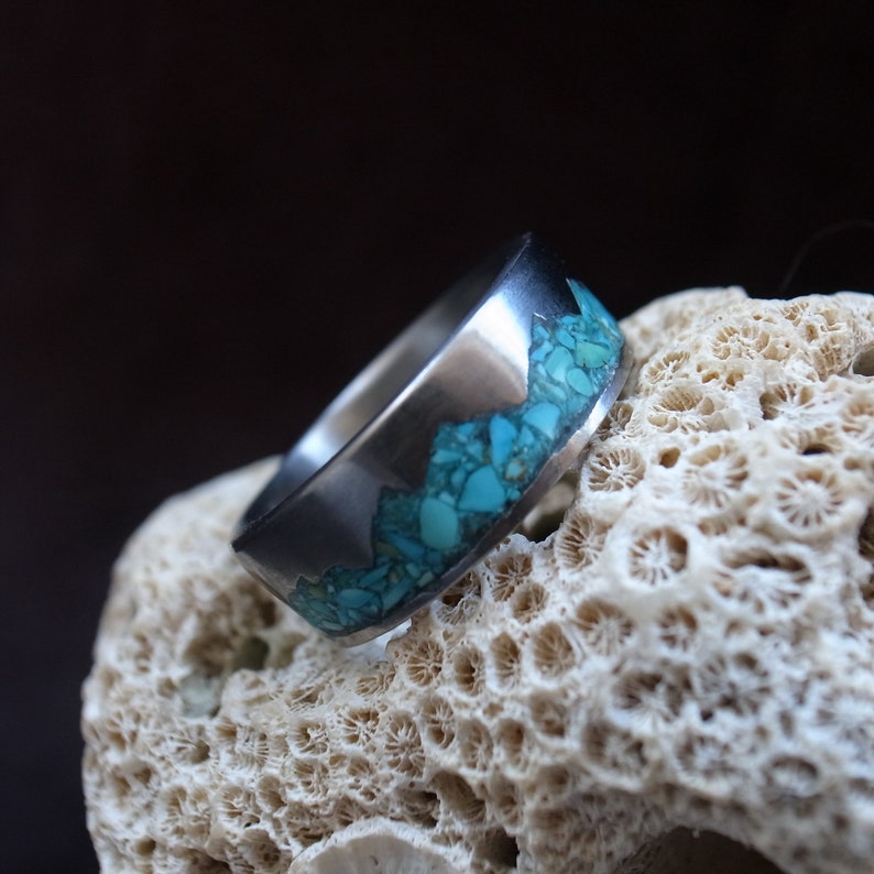 Mountain Range Ring, Turquoise inlay titanium ring, 6mm-10mm, handmade pure titanium band, Women's Men's Wedding Ring, titanium jewelry image 2