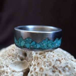 Mountain Range Ring, Turquoise inlay titanium ring, 6mm-10mm, handmade pure titanium band, Women's Men's Wedding Ring, titanium jewelry image 8