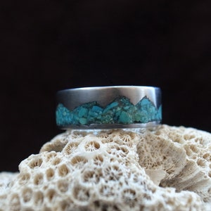 Mountain Range Ring, Turquoise inlay titanium ring, 6mm-10mm, handmade pure titanium band, Women's Men's Wedding Ring, titanium jewelry image 5