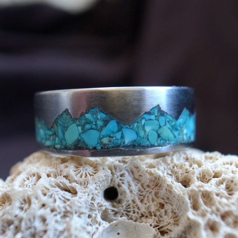 Mountain Range Ring, Turquoise inlay titanium ring, 6mm-10mm, handmade pure titanium band, Women's Men's Wedding Ring, titanium jewelry image 4