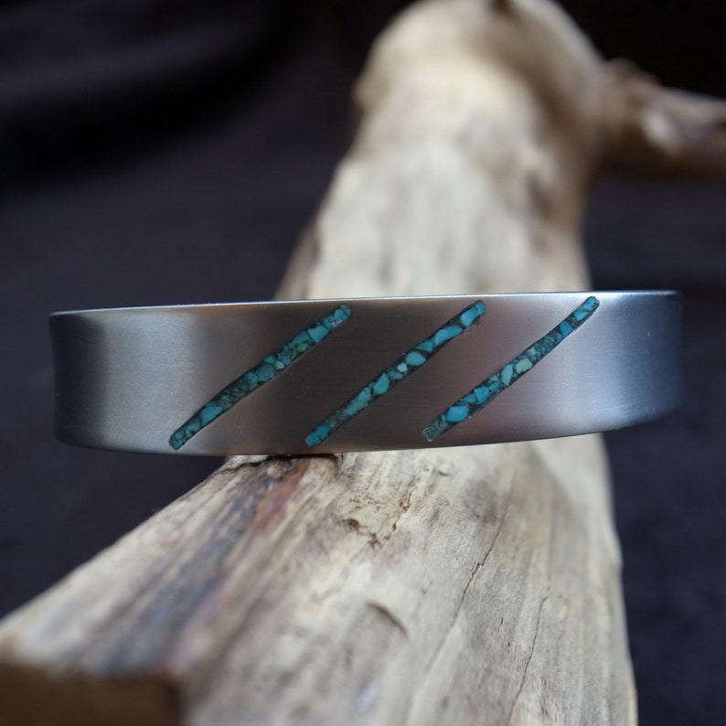 Turquoise titanium cuff bracelet, 12.7mm wide, Handmade Turquoise inlay Grade 2 Titanium cuff bracelet, Men's Women's 3rd Anniversary Bangle image 9