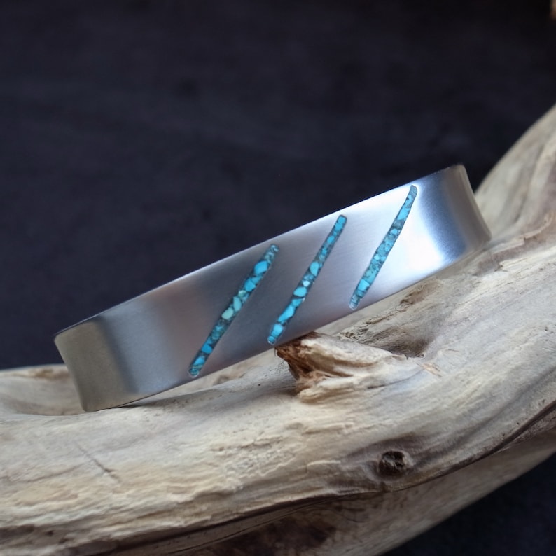 Turquoise titanium cuff bracelet, 12.7mm wide, Handmade Turquoise inlay Grade 2 Titanium cuff bracelet, Men's Women's 3rd Anniversary Bangle image 7