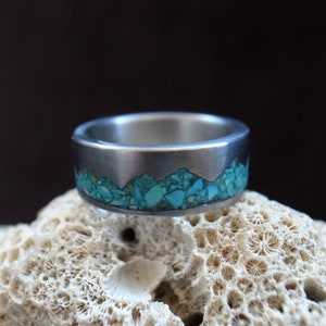 Mountain Range Ring, Turquoise inlay titanium ring, 6mm-10mm, handmade pure titanium band, Women's Men's Wedding Ring, titanium jewelry image 7
