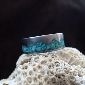 Mountain Range Ring, Turquoise inlay titanium ring, 6mm-10mm, handmade pure titanium band, Women's Men's Wedding Ring, titanium jewelry image 10