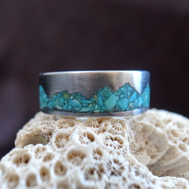 Mountain Range Ring, Turquoise inlay titanium ring, 6mm-10mm, handmade pure titanium band, Women's Men's Wedding Ring, titanium jewelry image 1