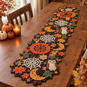 Modèle de chemin de table au crochet, motif hibou, citrouille, toile d'araignée, automne et Halloween (PDF)