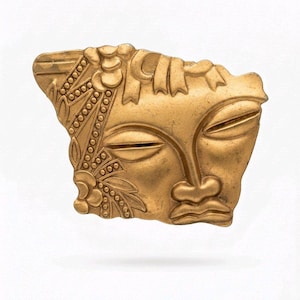 Vintage Art Deco Revival Face Mask Brooch | Stylized Flapper Headdress Pin, Satin Gold Tone, 1980s