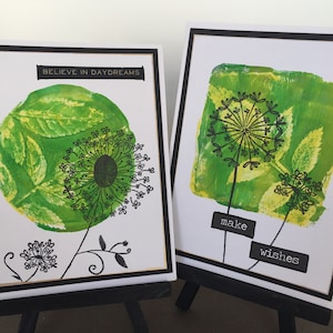 REDUCED PRICE! Dandelions, Daydreams and Wishes. Leaf Monoprint. Inspirational Sayings. Original Mixed Media Art. Set of 2.