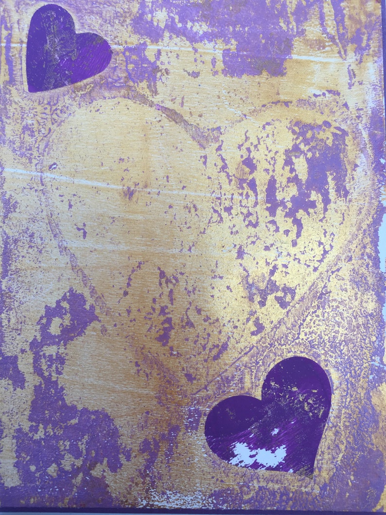 Hand Painted Original Art. Royal Purple and Gold Hearts Beautiful and Unique Love Note
