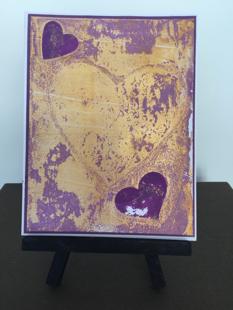 Hand Painted Original Art. Royal Purple and Gold Hearts Beautiful and Unique Love Note