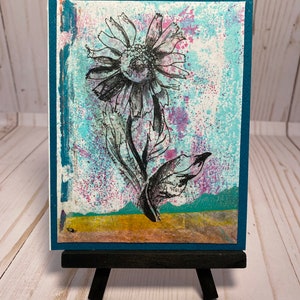 Unique monoprint and collage art notecard. Hand painted papers and a single collage flower.