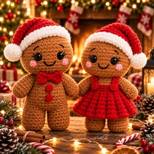 May include: Two crocheted gingerbread figures wearing red and white Santa hats. The left figure has a red bow tie and two red buttons. The right figure wears a red dress with straps. Both have black eyes, pink cheeks, and stitched smiles.