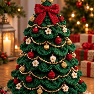 May include: A crocheted dark green Christmas tree decoration featuring a gold star topper, a large red bow, and hanging ornaments including small red and gold spheres and white flowers. The tree is constructed with layered, scalloped crochet stitches.