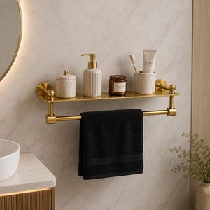 Könnte beinhalten: Ein Badezimmer-Wandregal aus gebürstetem Gold mit integrierter Handtuchstange. Das Regal enthält ein marmoriertes Gefäß mit Deckel, einen geriffelten Seifenspender, eine braune Kerze sowie einen Becher mit Zahnbürste und Meraki-Zahnpasta.