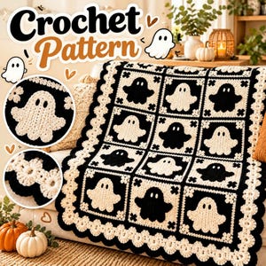 May include: A crochet blanket featuring a grid of square panels, each displaying a ghost motif in alternating black and white colors. The blanket is bordered by a scalloped edge and includes text that reads Crochet Pattern.