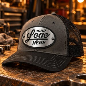 May include: A charcoal gray and black trucker hat featuring a black mesh back and a solid front panel. An oval-shaped brushed metal plate is attached to the front, displaying the black text "YOUR LOGO HERE" with two small rivets on the sides.
