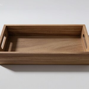 Puede incluir: Una bandeja rectangular de madera con un acabado de veta natural en tono marrón claro. La bandeja presenta cuatro lados rectos y dos asas recortadas integradas en los extremos más cortos, ofreciendo un diseño sencillo de parte superior abierta.