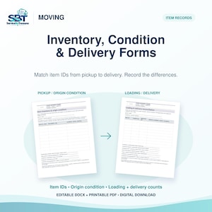 Op de afbeelding: Een digitale documentenset getiteld Inventory, Condition & Delivery Forms met twee witte pagina's met tabellen voor het bijhouden van item-ID's, de staat van herkomst en details over het laden of afleveren.