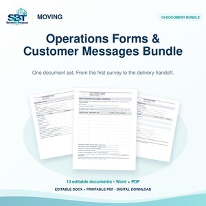 Op de afbeelding: Een digitaal pakket met 10 bewerkbare operationele formulieren en klantberichten voor verhuisdiensten. De documenten bevatten tekstvelden voor bedrijfsgegevens, inventaris en enquêtes, beschikbaar in Word- en PDF-formaten voor download.