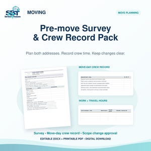 Könnte beinhalten: Ein digitales Dokumentenset mit dem Titel Pre-move Survey & Crew Record Pack, das ein Umfrageformular vor dem Umzug, ein Protokoll für das Umzugsteam sowie eine Erfassung der Arbeits- und Reisezeiten zur Planung und Dokumentation enthält.