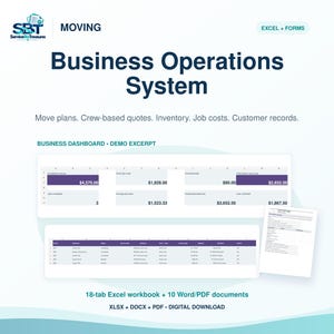 May include: A digital business operations system for moving companies, featuring an 18-tab Excel workbook and 10 Word/PDF documents. The interface displays a business dashboard with financial data, job costs, and customer records in a spreadsheet format.