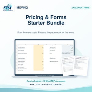 Könnte beinhalten: Ein digitales Paket mit dem Titel Pricing & Forms Starter Bundle für Umzugsdienste. Es enthält eine Excel-Kalkulationstabelle auf einem Bildschirm und zwei Formulare. Der Text umfasst SBT ServiceBizTreasures, Moving, Calculator + Forms sowie Excel calculator + 10 Word/PDF documents, XLSX + DOCX + PDF + DIGITAL DOWNLOAD.