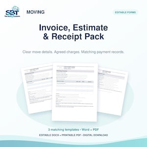 Op de afbeelding: Een digitaal pakket met drie bewerkbare verhuisformulieren, waaronder een factuur, offerte en ontvangstbewijs. De documenten bevatten donkerblauwe tekst op een witte achtergrond met het SBT ServiceBizTreasures logo en de tekst Moving, Invoice, Estimate & Receipt Pack, Clear move details. Agreed charges. Matching payment records, 3 matching templates, Word + PDF, en Editable DOCX + Printable PDF + Digital Download.