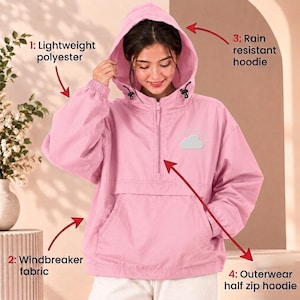 Puede incluir: Una sudadera cortavientos rosa claro con media cremallera, capucha con cordón y bolsillo frontal. El pecho muestra un pequeño gráfico de nube con el texto Cloudy Hoodie. Flechas rojas señalan: 1: Lightweight polyester, 2: Windbreaker fabric, 3: Rain resistant hoodie, 4: Outerwear half zip hoodie.