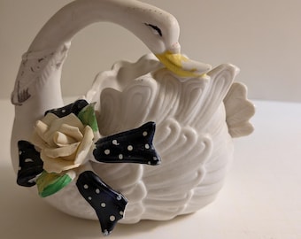 Vintage Bisque Ceramic Swan Planter - White Embossed Feather Swan Vase with 3D Porcelain Rose and Polka Dot Bow, Cottagecore Decor