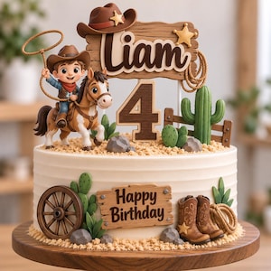 May include: A multi-tiered cake topper set featuring a cowboy on a horse, a large number 4, and a wooden sign with the name Liam. The decorations include a lasso, a cactus, a wagon wheel, and cowboy boots, all with a western theme.