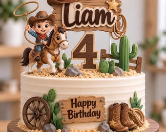 Adorno personalizado para tarta con temática de vaquero y caballo / Decoración para fiesta de cumpleaños del Oeste (Nombre y edad)