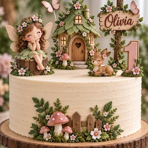 Könnte beinhalten: Ein runder Kuchen, verziert mit einer Fee auf einem Baumstumpf, einem kleinen Haus mit grünen Blättern, einem Rehkitz und einem Schild mit der Aufschrift Olivia sowie der Zahl Eins. Der Boden zeigt einen Holzzaun, rosa Pilze und grünes Laub.