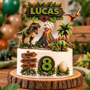 May include: A round white cake decorated with a dinosaur theme, featuring a wooden sign reading LUCAS, a T-Rex, a volcano, a palm tree, a Stegosaurus, a pterodactyl, a speckled egg, and a sign with ROAR, ADVENTURE, DINO ZONE and the number 8.