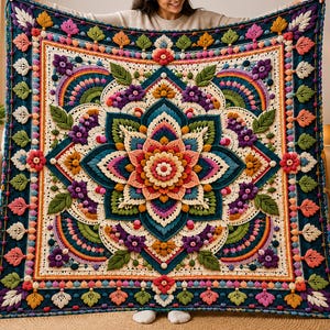 Puede incluir: Una manta de ganchillo cuadrada con un diseño de mandala central con pétalos en capas en tonos rosa, naranja y amarillo. El borde incluye hilo azul oscuro con motivos de hojas, pequeñas flores moradas y detalles de punto de burbuja.