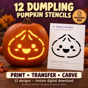Peut inclure: Un ensemble numérique de 12 pochoirs de citrouille en forme de ravioli avec un PDF imprimable. L'image montre une citrouille orange sculptée avec un motif de visage de ravioli à côté d'un modèle en papier blanc marqué 01 Happy Dumpling.