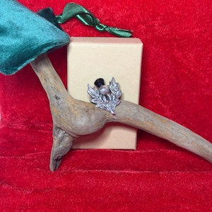 May include: A silver-toned brooch shaped like a thistle with a black accent, resting on a piece of driftwood. The brooch features detailed leaf patterns and a central rounded element. A small beige rectangular box is positioned behind the driftwood.