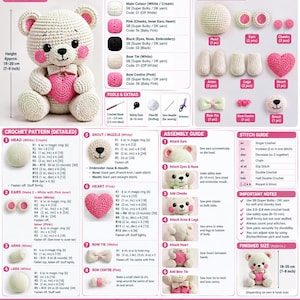 May include: A crochet pattern infographic for a white teddy bear holding a pink heart. The guide includes color details, parts overview, tools, stitch guide, and assembly instructions with text labels in English, showing a finished height of 7-8 inches.