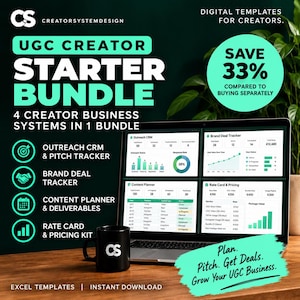 Startpaket för användargenererade användare | Uppsökande CRM, varumärkesaffärsspårare, innehållsplanerare och prissättningskit