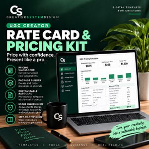 Può includere: Un modello digitale per creatori intitolato UGC Creator Rate Card & Pricing Kit. Lo schermo mostra una dashboard di calcolo dei prezzi con grafici e dati. Una tazza nera con logo, un taccuino con testo e una penna sono posizionati sul tavolo.