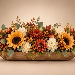 May include: A long, rustic wooden dough bowl filled with an autumn-themed floral arrangement. The display features large yellow sunflowers, deep orange and cream-colored dahlias, small orange berries, and various green fern-like foliage.