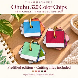 May include: The Marker Almanac Ohuhu 320 Color Chips Prefilled Edition features three stacks of square paper swatches held together by gold metal rings. Each swatch displays a solid color block with a white strip at the bottom. Text includes "THE MARKER ALMANAC", "Ohuhu 320 Color Chips", "NEW CODES · PREFILLED EDITION", "Prefilled edition · Cutting files included", and "Digital download · No physical items included."
